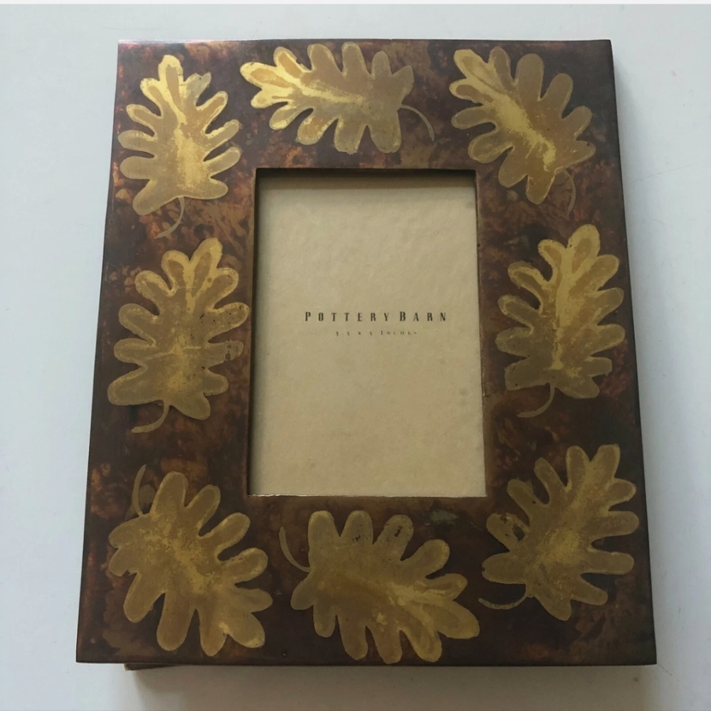Pottery Barn Metal Fall Leaf Brown Bronze Finish Picture Frame Wood Back